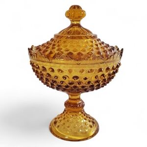 🟢 Fenton Amber Hobnail Crown Edge Footed Candy Dish with Lid Vintage